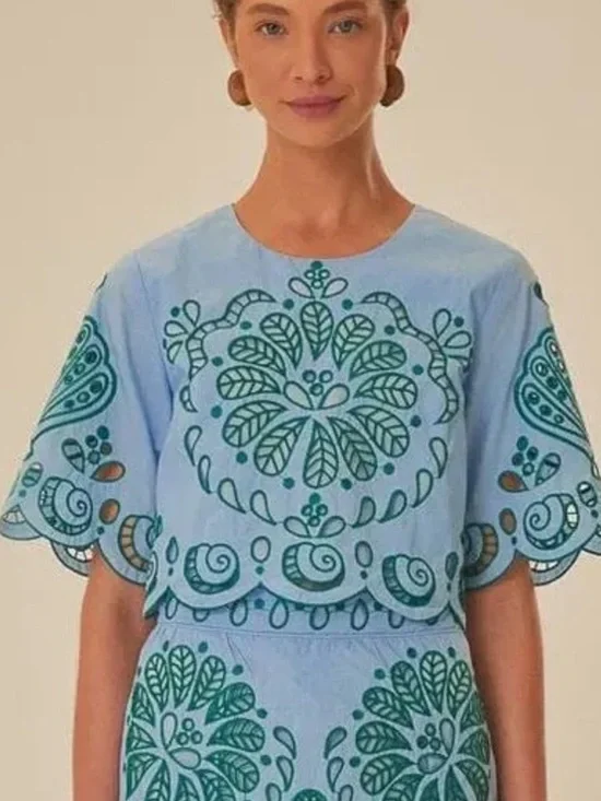 Farm Rio Light Blue And Green Graphic Richelieu Crop Top - Picture 2 of 9